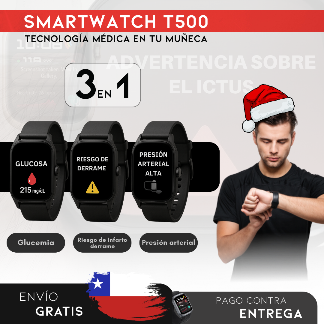 PROMOCIÓN DE NAVIDAD: SmartWatch T500 - Monitor Médico 3 en 1 (Glucosa, Presión, Riesgo de ACV) | Menú en español